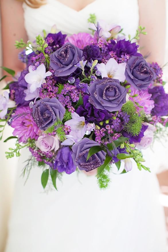 100pcs Purple Glitter Roses 2.56" Foam Glitter Flowers Fake Roses Purple Flowers Artificial Roses for Bridal Shower Centerpieces DIY Wedding Flower Floral Arrangements (Purple)