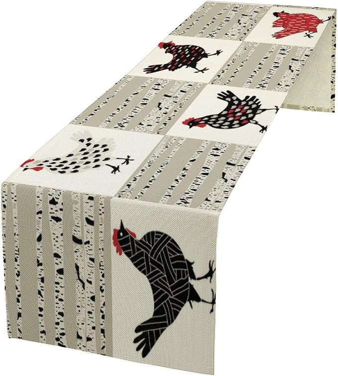 Farmhouse Rooster Table Runner, Rustic Farm Animals Funny Chicken Dinner Runner for Country Farmhouse Home Kitchen Dinner Table Party Decoration 13x60in