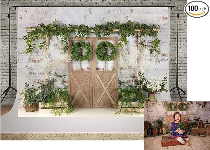 Kate Rustic White Painted Brick Wall Wood Door Photography Backdrops 7x5ft Spring Green Grass and Flowers Photo Backgrounds Baby Shower Backdrop Photoshoot Props
