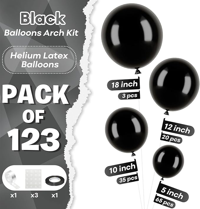 Togvu Black Balloons Different Sizes, 123 Packs Matte Black Balloons, Pack of 18 12 10 5 Inch Black Balloons Garland Arch Kit for Birthday Graduation Halloween Anniversary Party Decorations