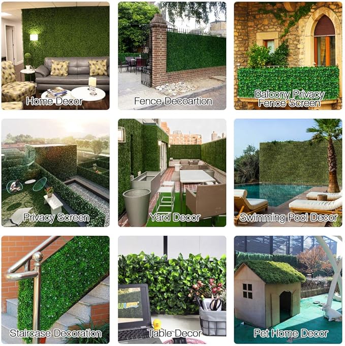 ULAND Artificial Topiary Hedges Panels, Plastic Faux Shrubs Fence Mat, Greenery Wall Backdrop Decor, Garden Privacy Screen Fence, Pack of 6pcs 20"x20"