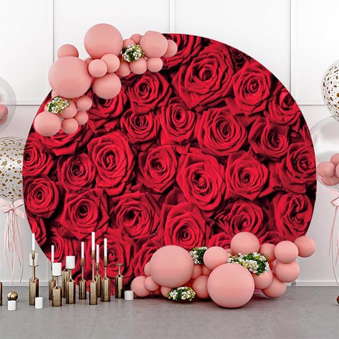 Renaiss 3x3ft Red Rose Round Backdrop Covers for Photoshoot Girls Women Portrait Crimson Flowers Flowerbed Photography Background Wedding Bridal Baby Shower Birthday Party Decor Photo Booth Prop