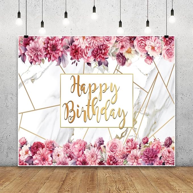 10x8ft Pink Floral Birthday Backdrop Girl Birthday Party Photography Background Watercolor Flower Marble Princess Women Bday Decorations Banner Cake Smash Photo Studio Props