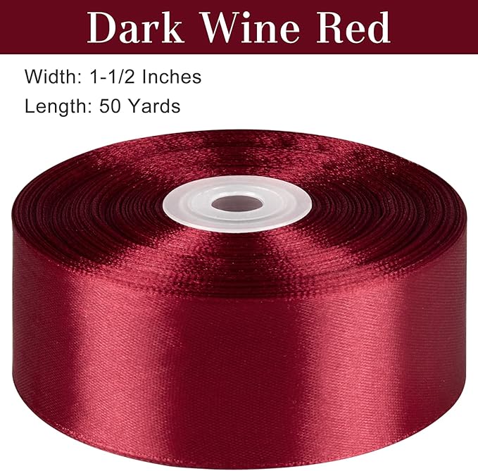 1-1/2 Inches 50 Yards Dark Wine Red Satin Ribbon, Solid Fabric Ribbon Roll for Flower Bouquets, Gift Wrapping, Wedding, Handmade Crafts