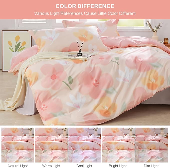 SAPHREAS Pink Floral Duvet Cover Set 3pcs King Size Botanical Blossom Flower Pattern Bedding Comforter Cover Set 100% Cotton 1 Duvet Cover 104"x90" 2 Pillow Shams, Comforter Not Included