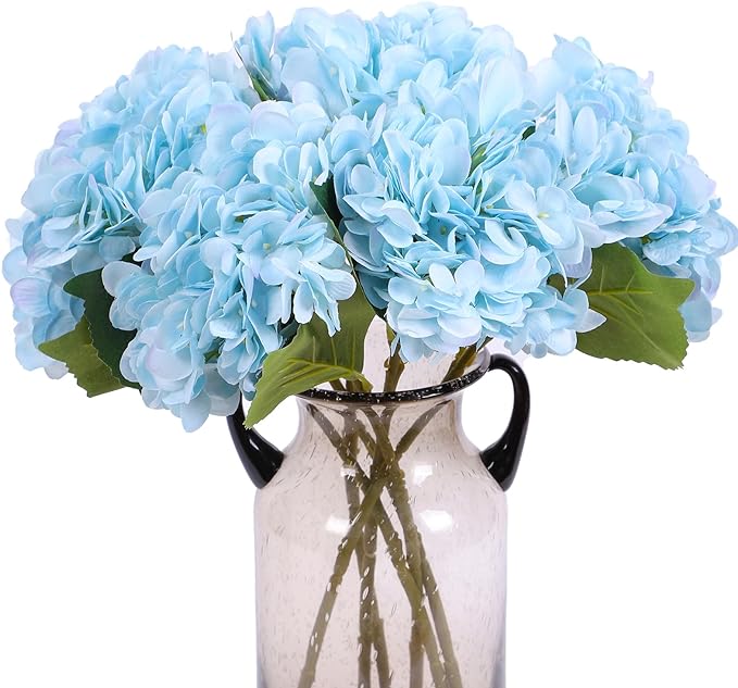 Kimura's Cabin 6pcs Blue Artificial Silk Flowers Fake Hydrangeas Flower with Stems Faux Hydrangea Bouquets for Home Wedding Party Table Core Decoration (Blue, Pack of 6)