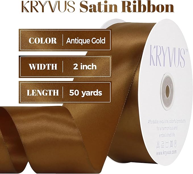 Antique Gold Satin Ribbon, Double Faced 2 Inch X 50 Yards Antique Gold Ribbon, Premium Satin Ribbon for Gift Wrapping, Crafts, Hair Bow Making, Sewing, Flower Bouquet, Wedding Party Decor