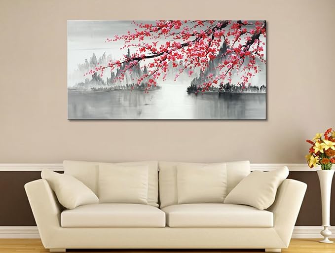 Handmade Traditional Chinese Oil Painting Pink Plum Blossom Canvas Wall Art Modern Black and White Landscape Artwork