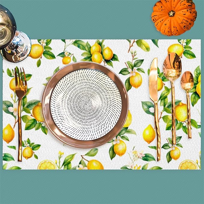 Lemon Tropical Summer Placemats Set of 4 PVC Vinyl Non Slip Table Mats Waterproof Heat Resistant Place Mats Washable Wipeable Dining Table Mat for Kitchen Party Indoor Outdoor Decorative