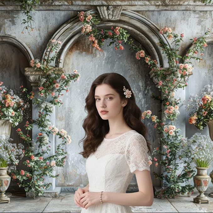 7x5ft Vintage Orange Wildflower Backdrop Old Medieval Palace Building Concrete Wall Photography Background for Wedding Valentines Day Bridal Shower Birthday Princess Couples Portraits