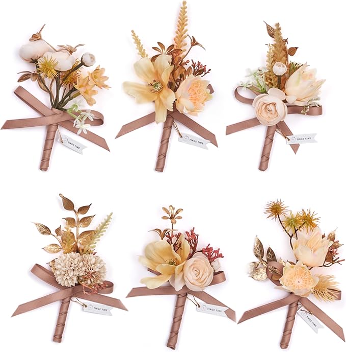 TINGE TIME 6PCS Boutonniere for Men, Groom and Groomsmen Boutonniere for Wedding, Prom, Homecoming, Anniversary, Graduation(Beige)
