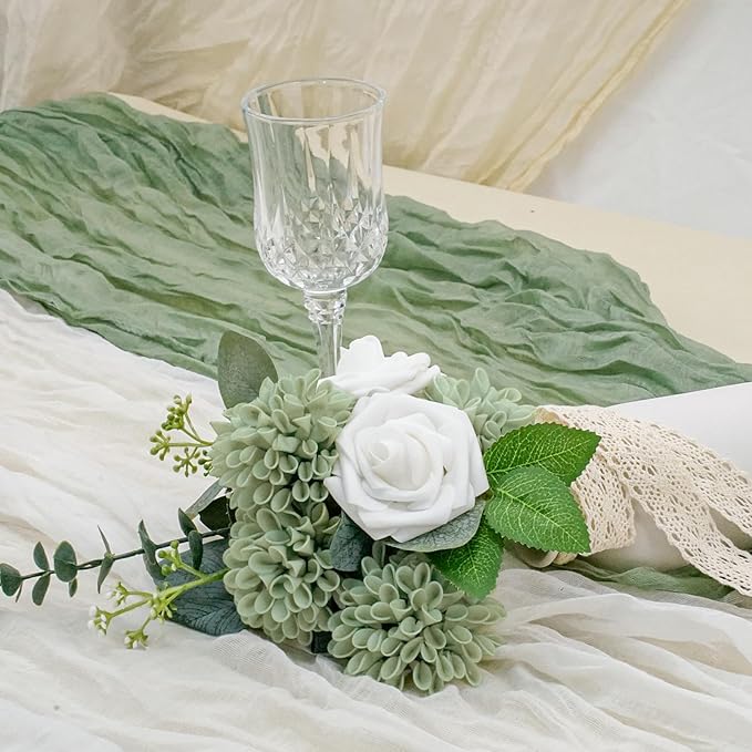 Artificial Flowers, 25pcs Sage Green Artificial Rose for DIY Wedding Bouquets Centerpieces Arrangements, Sage Green and White Dahlia Flowers with Stem for Bridal Shower Party Home Decorations