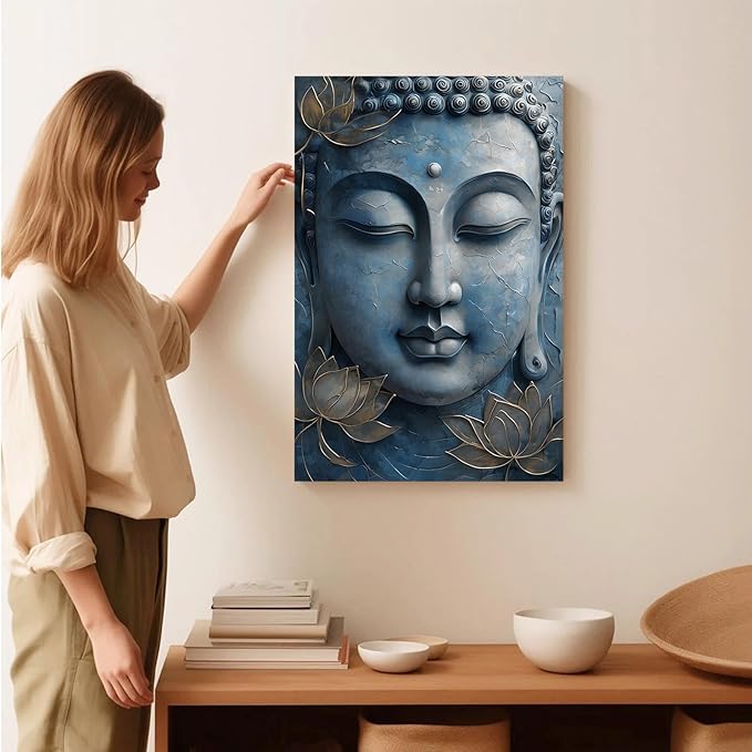 Canvas wall art Golden lotus crown Serene Buddha poster Ethereal blue toned art with delicate floral decor Zen wall art for a tranquil meditation space 16x24in Frameless