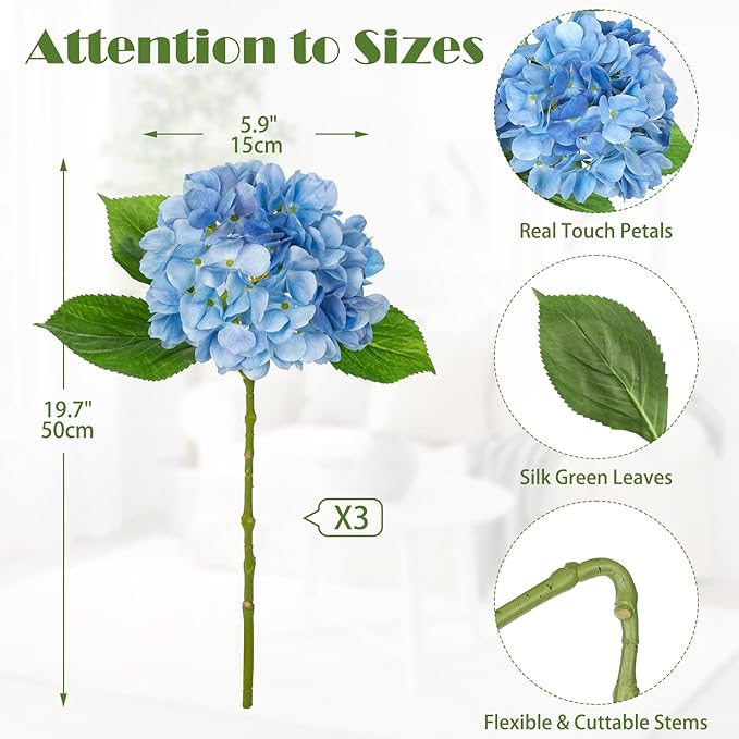 Oairse 3Pcs Blue Hydrangea Artificial Flowers 19.7 in Real Touch Faux Hydrangea Stems Silk Flowers with Stems Fake Blue Flowers Bouquet for Floral Arrangements Table Centerpieces Wedding Home Decor