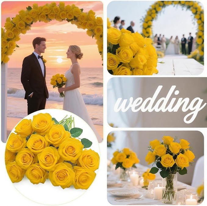 Yellow Roses Artificial Flowers 15 PCS, Fake Roses Silk Flowers with Long Stems, Faux Rose for Wedding Centerpieces, Home Decor, Indoor Floral Arrangements, Party Decor, DIY Bouquet (Yellow)