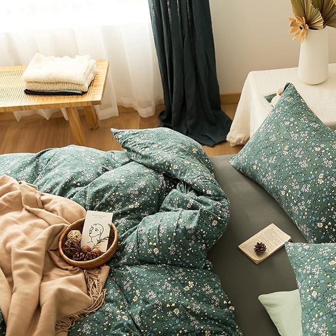 EAVD Vintage Green Floral Duvet Cover Full Size 100% Jersey Cotton Cottagecore Floral Bedding Set with 2 Pillowcases Chic Shabby Reversible Botanical Duvet Cover with Zipper Closure