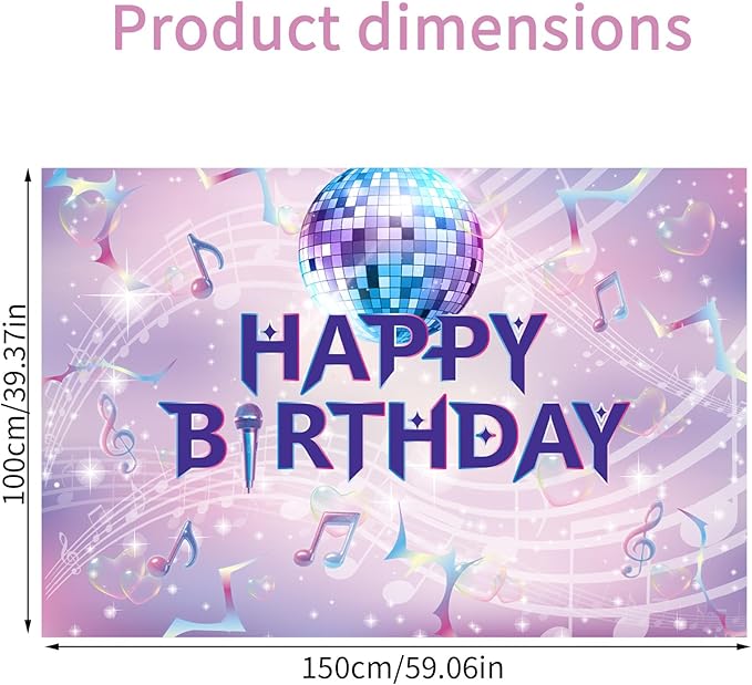 Pink Purple Birthday Backdrop, 1.5x1m/59.06x3.28ft Cartoon Happy Birthday Backdrop Dreamy & Funny Musical Themed Party Banner for Women Girl Celebration Decoration