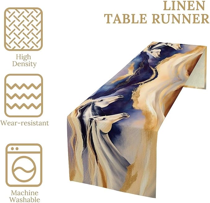 Marble Horse Table Runner, Dark Blue Gold Marble Abstract Horses Gold Natural Liquid Texture Dinner Runner Table Decoration for Home Kitchen Dining Holiday Party 13x90in