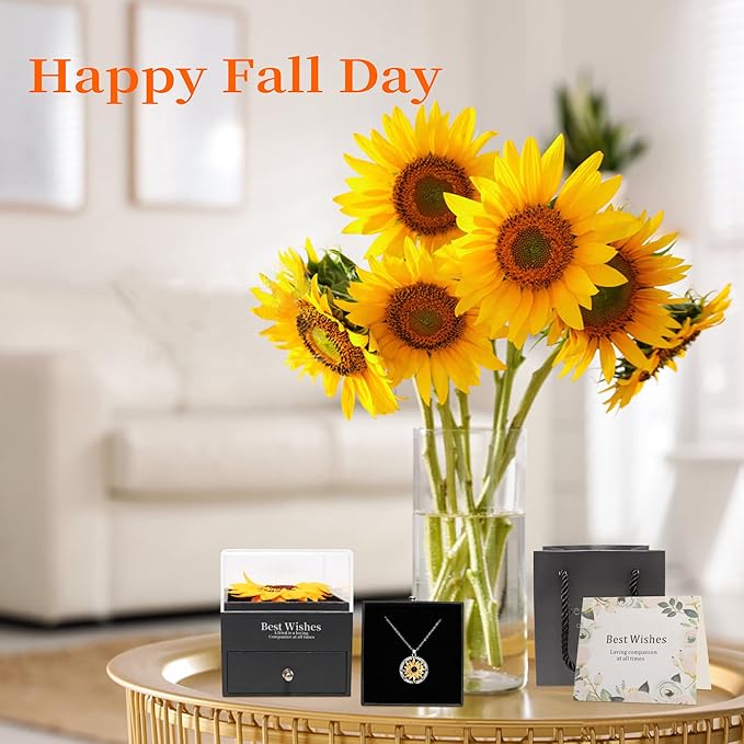 Sunflower Gifts for Women Artificial Sunflowers Gift for Her Mom Wife with Necklace in 100 Texts I Love You on Mother's Day Birthday Sunflower Decor