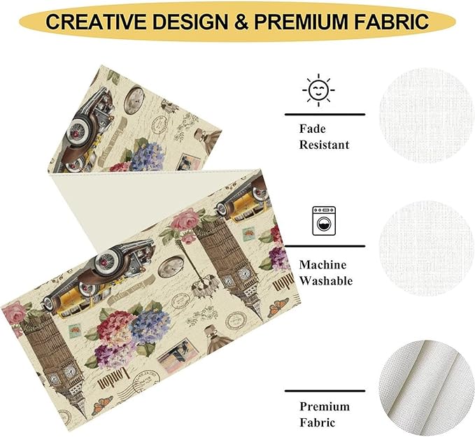 British Table Runner, Seasonal Vintage Floral England London Culture Element Coffee Table Center Decor for Home Kitchen Dining Patio Holiday Party Table Decorations 13x90 inches