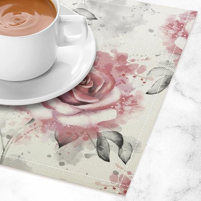 Rose Placemats Set of 4, 17x12 Inch Vintage Romantic Floral Pink Rose Gray Leaf White Table Mats for Home Party Kitchen Dining Decor