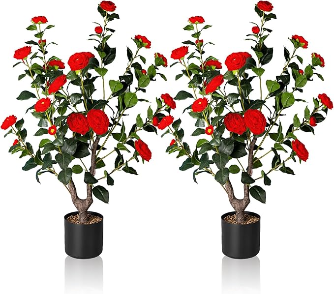 Artificial Camellia Tree,2Pack 3FT Faux Red Camellia Plants in Pots,Lifelike Artificial Flower Trees for Indoor Outdoor Home Decor,Realistic Blooming Faux Plants for Living Room Porch Patio Office
