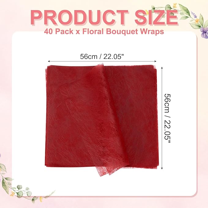 YELARXI Flower Wrapping Paper, Cotton Wrapping Flower Paper, Non-Woven Waterproof Floral Bouquet Wraps - Fitting for (Florist Supplies/Gift) 22 x 22 Inch & 40 Pack & Red