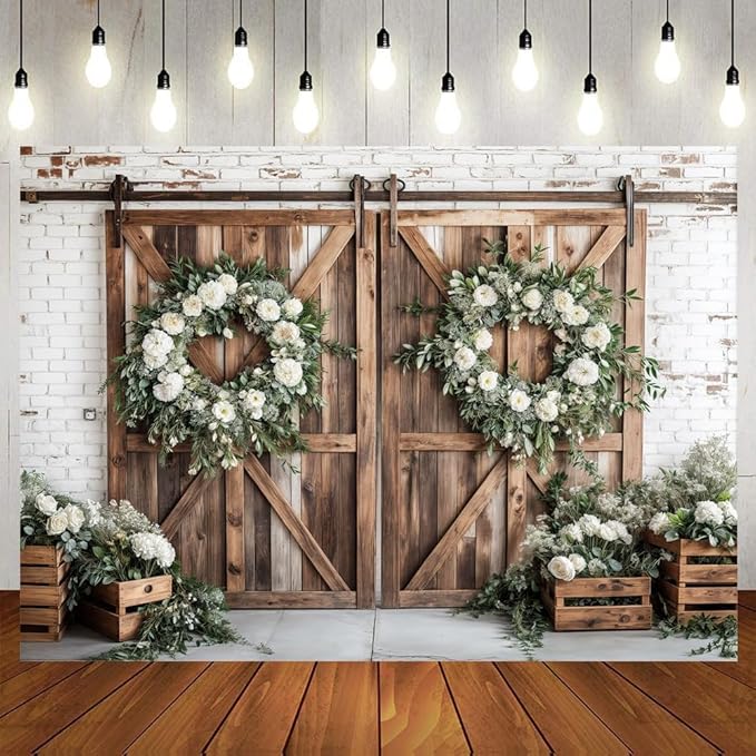 Rustic Barn Door Photography Backdrops, White Flower Wood Brown Barn Door Backdrop, Wedding Birthday Party Decors Photo Booth Props 8x6ft