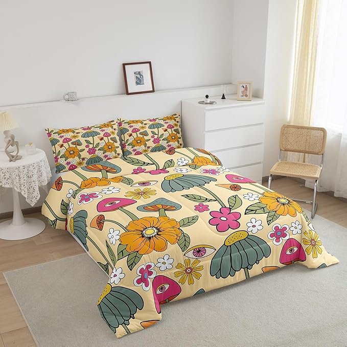 Castle Fairy 70s Retro Floral Twin Size Comforter Set,Hippie Flowers Leaves Duvet Set for Kids Boys Bedroom,Cartoon Eyes Mushroom Soft Microfiber Bedding Comforters,2 Pcs