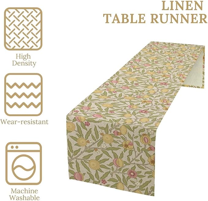 Vintage William Morris Table Runner, Yellow Lemon Fruit Peach Plant Boho Farmhouse Decor Table Runner for Kitchen Dining Home Party, 13x60 Inch