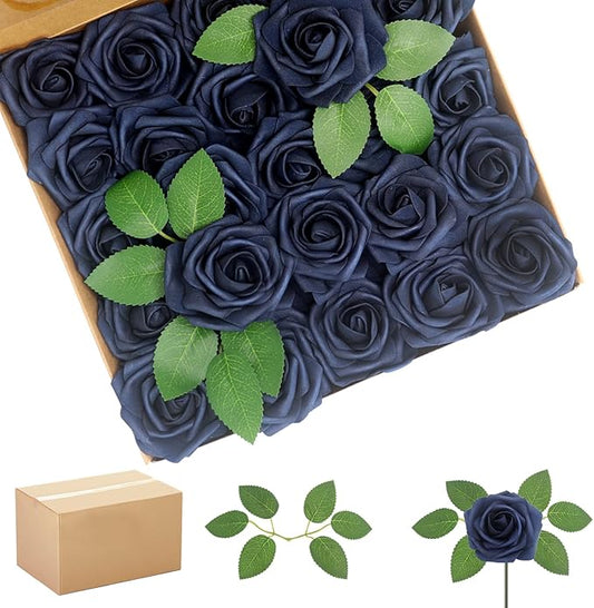 200PCS Navy Blue Artificial Flowers Roses Real Looking Foam Fake Roses with Leaves and for DIY Wedding Bouquets Bridal Shower Centerpieces Party Decorations (Navy Blue, 200)