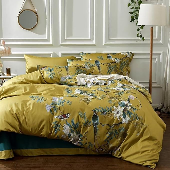 Vintage Style Flower Bird Comforter Set Queen Fluffy Soft Vibrant Color Floral Comforter Set Garden Style Bird Flower Botanical Comforter with 2 Pillowcases Queen Size Bed Comforter for All Seasons