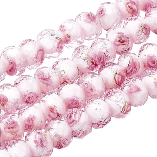 PH PandaHall 70pcs 6~8mm Rose Lampwork Beads Silver Foil Glass Beads Flower Glass Beads Floral Handmade Lampwork Beads Round Loose Beads for Rosary Making Jewelry Craft Making 2mm Hole - Sliver Pink