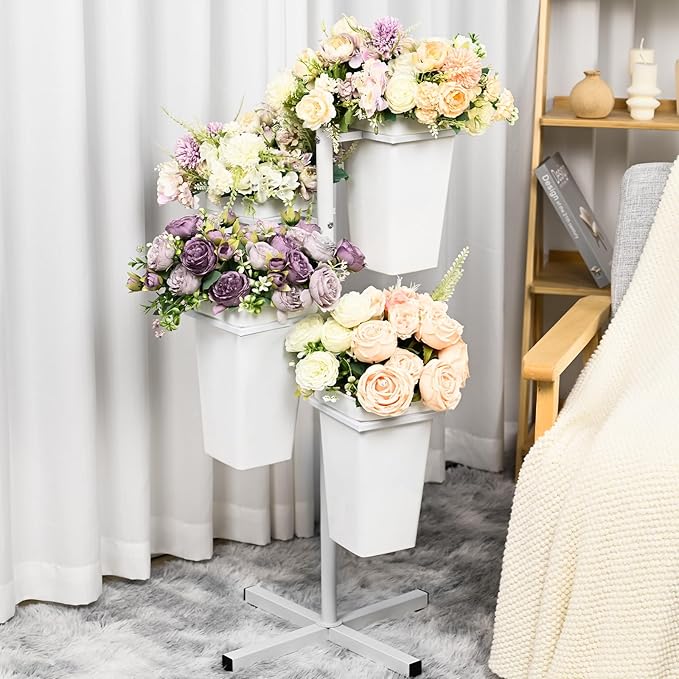 Flower Display Stand with Buckets, Metal Flower Bar Stand Rustic Farmhouse Florist Bouquet Holder Flower Cart Display Shelf for Outdoor Patio Garden Wedding Decor (Square)