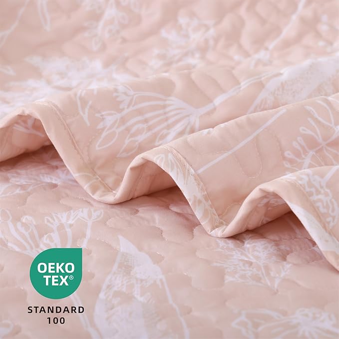JANZAA Quilt King Size Blush Quilt Botanical with Floral Pattern Microfiber Bedspreads King Size 3 Pieces Lightweight Comforter Reversible Bedding Set with 2 Pillowcases
