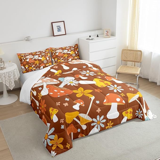 Castle Fairy 60s 70s Retro Hippie Twin Size Comforter Set,Groovy Flowers Mushroom Print Duvet Set for Kids Boys Bedroom,Boho Art Soft Microfiber Bedding Comforters,2 Pcs