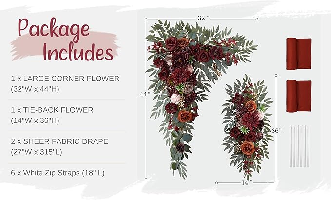 Wedding Arch Flowers with Drapes Kit (Pack of 4) - 2pcs Artificial Burgundy Deluxe Swag with 2pcs Sheer Drapes for Wedding Ceremony Arbor Reception Backdrop Rose Floral Decoration