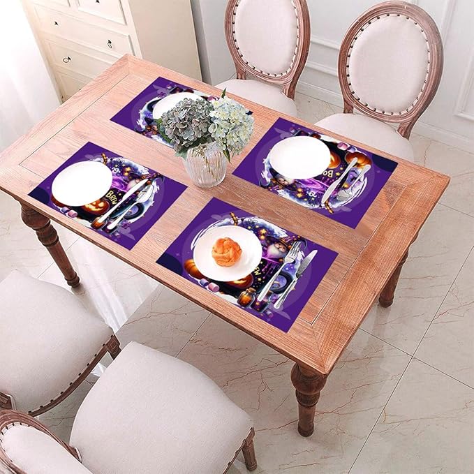 PVC Placemats Set of 6 Wipeable Table Mats Washable Heat Resistant Non Slip Vinyl Dining Table Mat for Kitchen Indoor Outdoor Patio Farmhouse Place Mats Purple Halloween Magic Cauldron Decorative