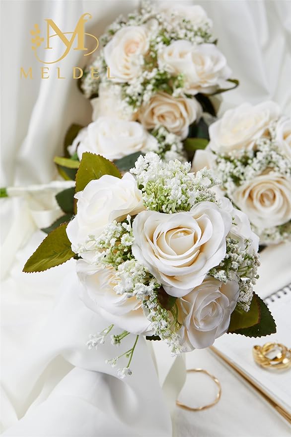 Meldel 6.5 Inch Bridesmaid Bouquet Set of 6, Ivory Wedding Bouquets for Bridesmaids, Small Bridesmaid Bouquets for Wedding, Artificial Wedding Bouquet Flower, Floral Wedding Centerpieces