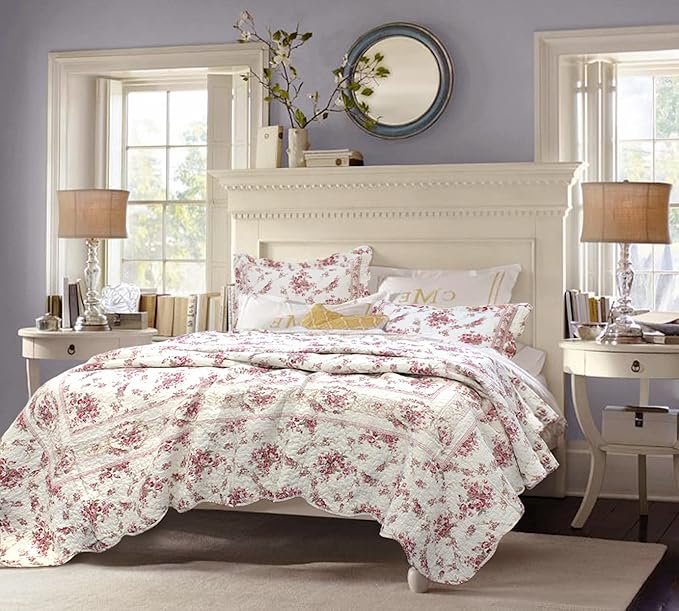 Cozy Line Home Fashions 100% Cotton Quilt Bedding Set, Pink Floral Reversible Coverlet Bedspread (Vintage Rose, King - 3 Piece)