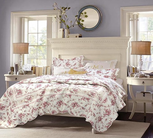 Cozy Line Home Fashions 100% Cotton Quilt Bedding Set, Pink Floral Reversible Coverlet Bedspread (Vintage Rose, King - 3 Piece)