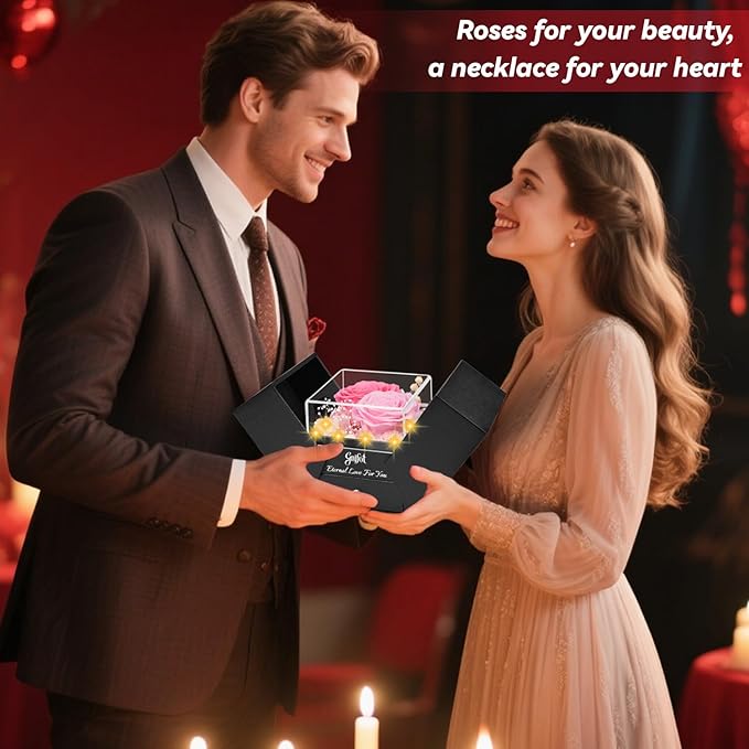 2 Preserved Rose Gift for Women - Eternal Rose with I Love You Necklace - Romantic Birthday Gifts for Girlfriend Mom Her Wife Grandma on Valentines Mothers Day Anniversary Christmas-Pink