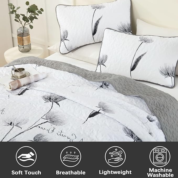 Dinjoy King Size Quilt Set Floral,3 Pieces Grey & White Quilts Coverlet Set Flower Bedspreads Bed Cover Lightweight Fall Quilt Gray Boho Farmhouse Bedding Sets for Bed (110"x90")
