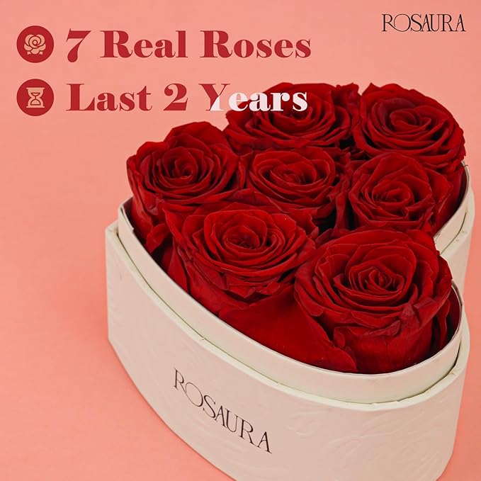 Rosaura Heart-Shaped Preserved Roses Gift Box - Real Forever Flowers for Birthday, Valentine's & Mother's Day (red, 7 roses)