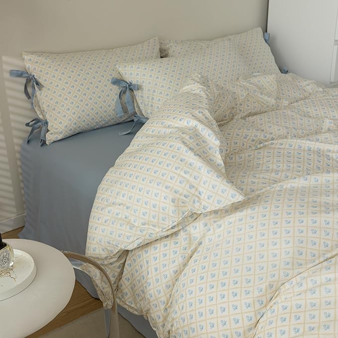 Blue Flower Duvet Cover Queen Chic Plaid Grid Print 100% Cotton Floral Bedding Set Cottagecore Flower Comforter Cover Vintage Country Bedding Aesthetic Floral Duvet Cover with 2 Bow Ties Pillowcases