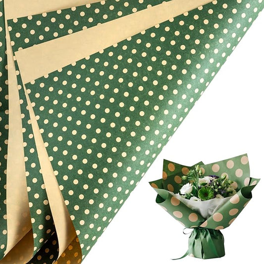 LeZakaa 20 Sheets Kraft Dots Flower Wrapping Paper, Reversible Green with White Polka Dots Floral Bouquet Paper for Christmas, Valentines, Mothers Day, Party, Birthday, Wedding, Baby Shower