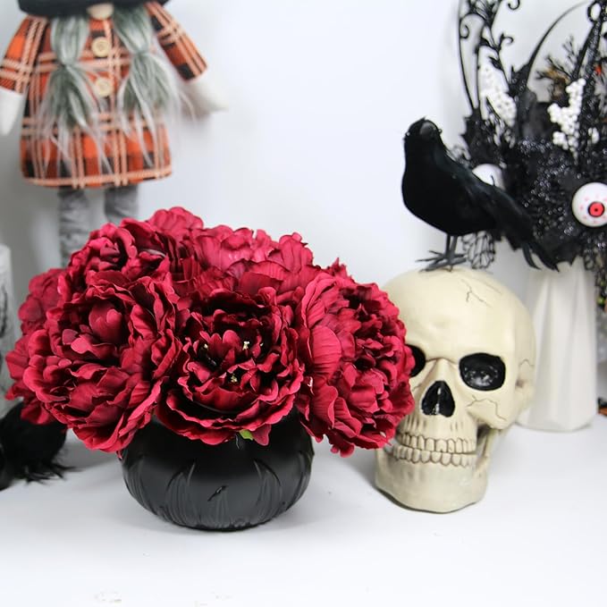 Tinsow Artificial Peony for Fall Home Decoration, 5 Pcs Red Faux Peonies for Halloween Decoration, Silk Flowers Bouquet,(10, Maroon)