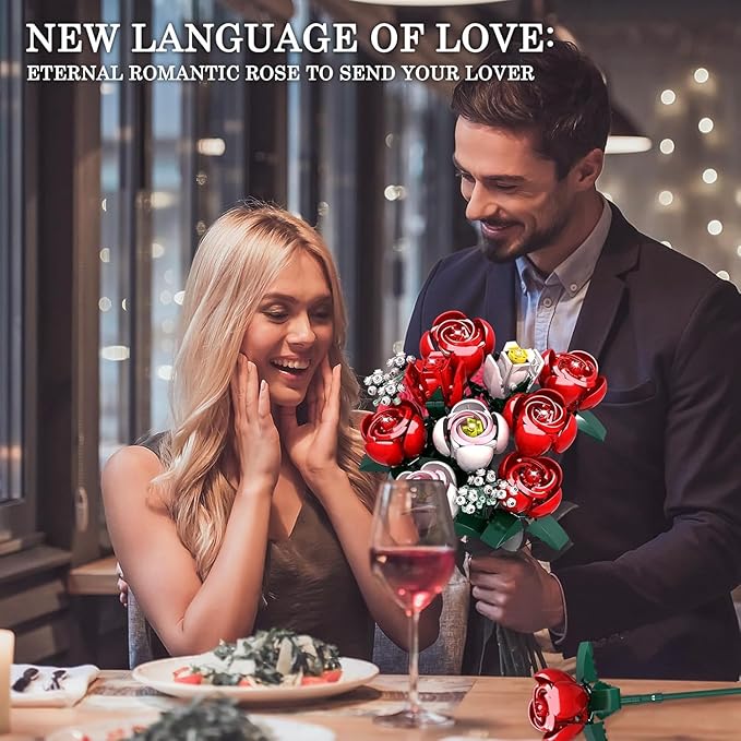 Rose Flower Bouquet Building Kit Gifts for Adults, Kids, Roses Bouquet Building Set, 841PCS Red Roses Artificial Flowers with Vase, Rose Unique DIY Gifts for Women, Anniversaries