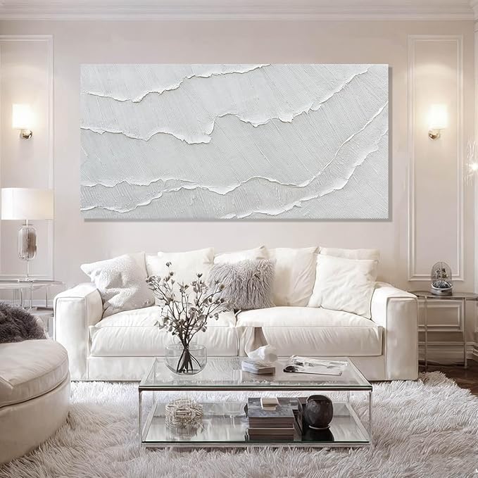 WINKAILIN White Abstract Textured Wall Art Modern 24x48 inch Canvas Ocean Wave Artwork Minimalist Hand-drawn Painting Contemporary White Posters Print for Living Room Bedroom Office Décor