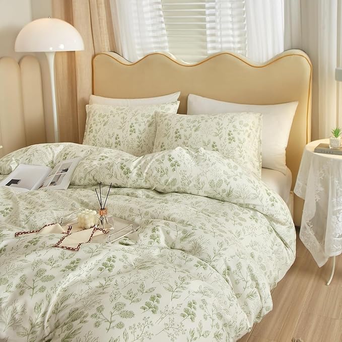 Vintage Boho Floral Duvet Cover King White Green Floral Print Bedding Set Cotton Botanical Floral Comforter Cover Garden Flowers Aesthetic Bedding Cover Boho Style King Duvet Cover with Zipper Closure
